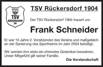 Traueranzeige von Frank Schneider von Pegnitz-Zeitung